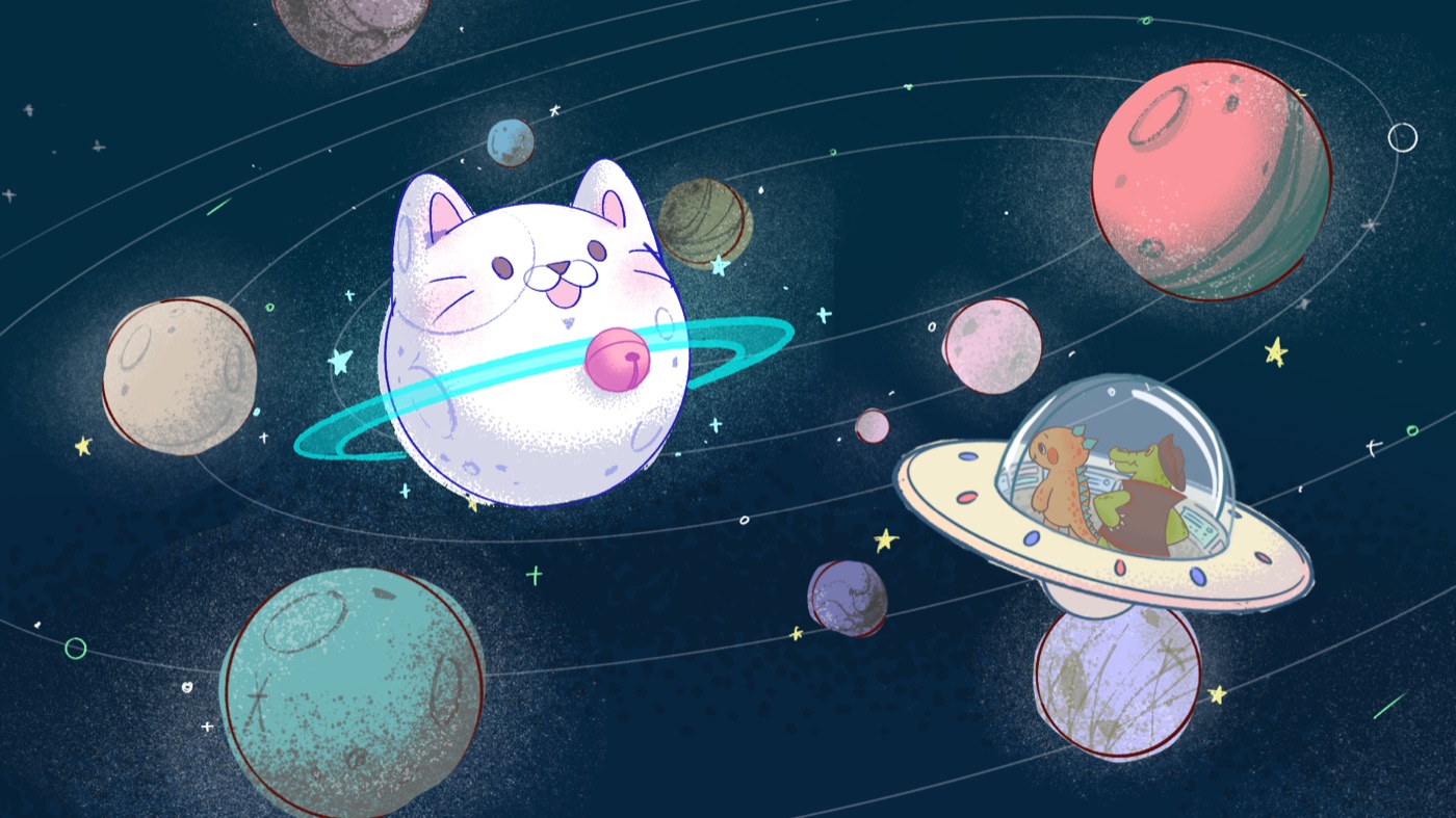 Level 3 場景：太空中的貓臉星球與飛船