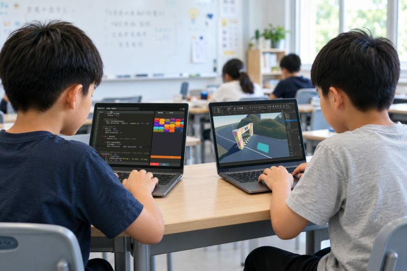 兩位台灣孩子並肩學習,一位寫程式碼、一位搭建 3D 遊戲場景