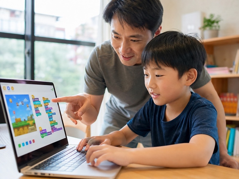 老師在一旁引導台灣孩子用 Scratch 完成遊戲作品,示意有即時回饋的上課情境