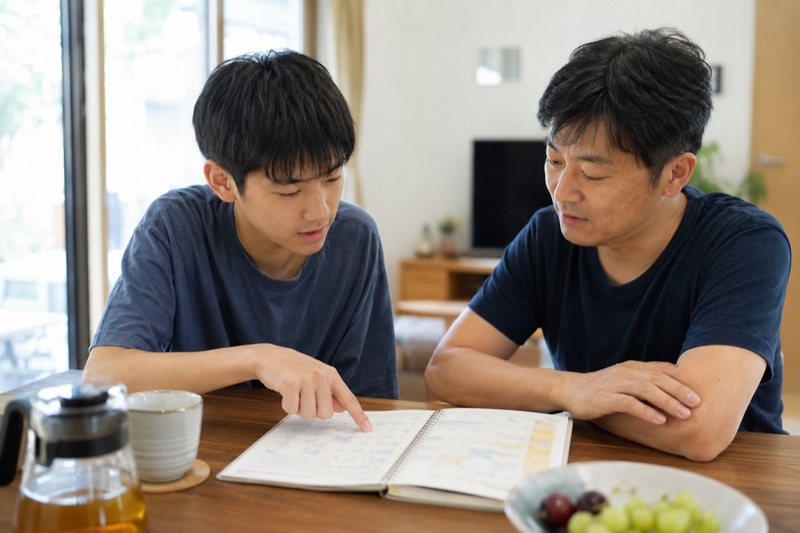 家長與高中生一起討論檢定與升學的時間規劃