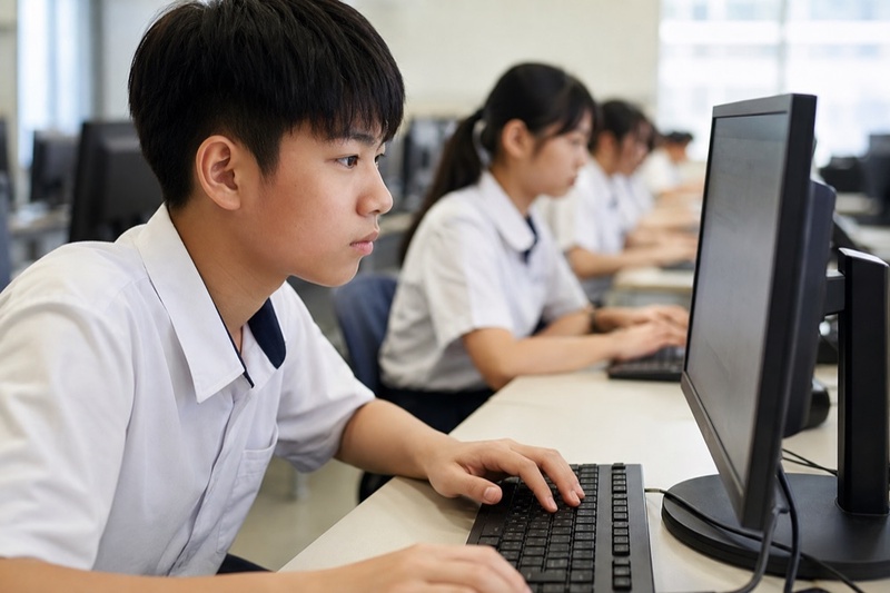 學生在電腦教室進行線上程式檢測