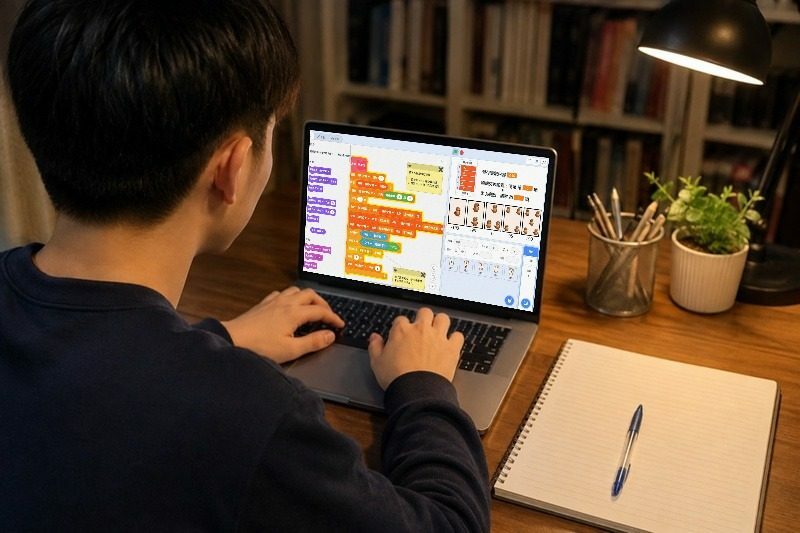 高中生對照螢幕上的程式作品,一旁攤開筆記本準備寫下作品說明