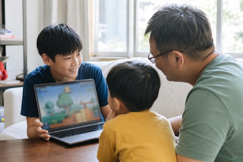 孩子把自己做的遊戲展示給家人試玩