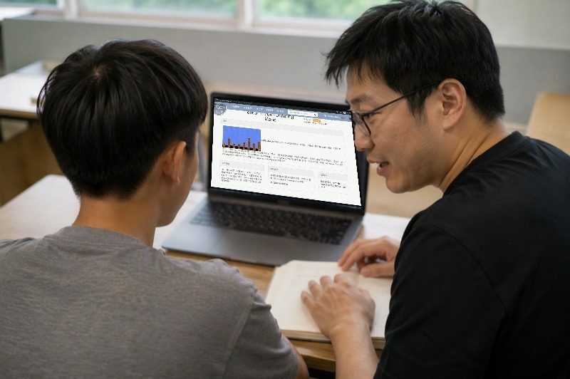 老師與學生一起討論 APCS 考題準備策略，筆電螢幕顯示程式碼並攤開筆記本逐題講解