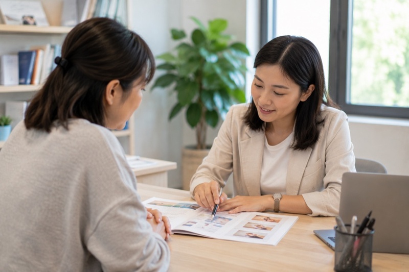 家長與課程顧問討論孩子完成 Scratch 後的課程銜接方向