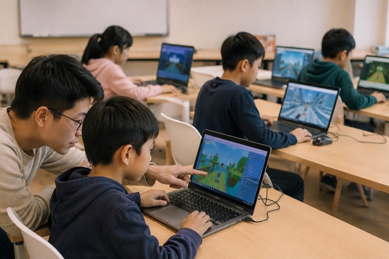 冬令營教室裡孩子各自在筆電上製作自己的遊戲作品,老師在旁個別指導