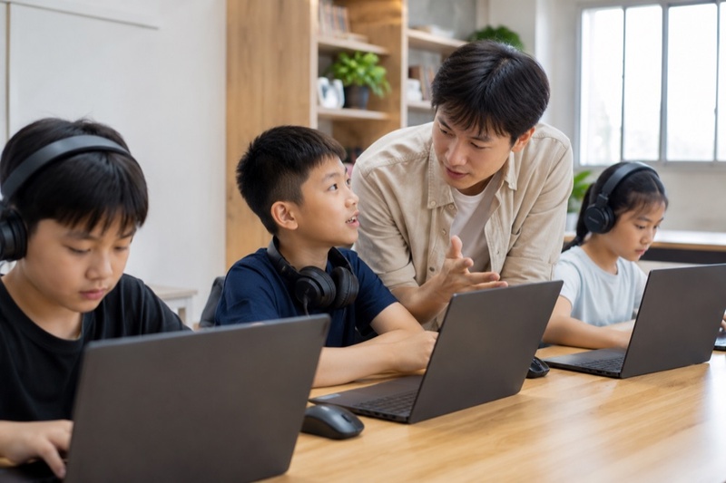 雙師課堂上,老師在提問的孩子身旁一對一引導 Roblox 專案除錯