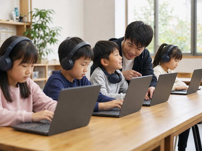 雙師程式課教室,孩子戴耳機依自己進度學習,老師在提問的孩子身旁即時解惑