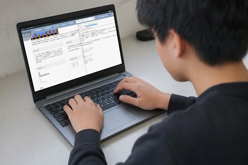 學生專注在筆電上撰寫程式碼準備 APCS 檢定，螢幕顯示語法標色的程式編輯器畫面