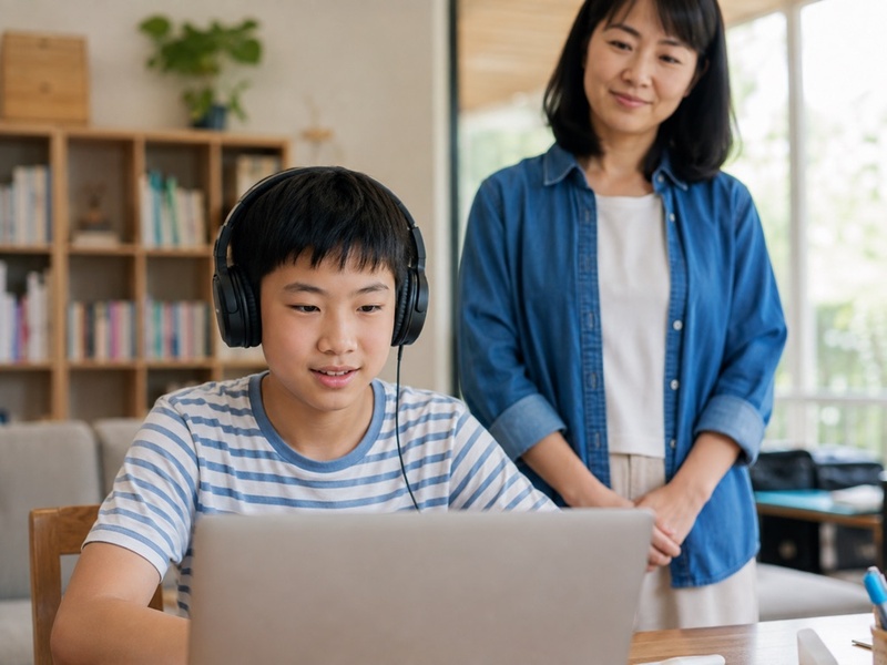 家長在旁觀察孩子上線上課的專注狀況
