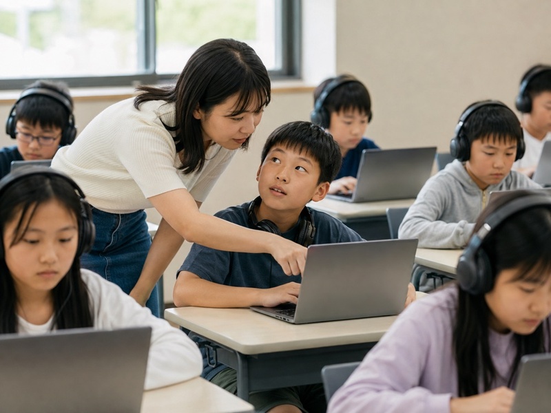 實體教室裡老師走到孩子旁邊協助除錯