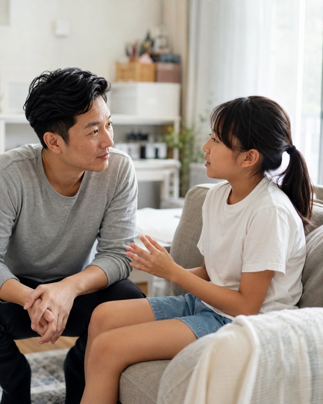 家長蹲下與孩子平視對話,了解他不想上課的原因